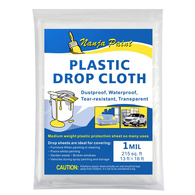 NANJA Painters Plastic Drop Cloth 13 Feet by 16 Feet Plastic Painting Tarp Waterproof Plastic Cover Clear Tarp Plastic Sheeting 1 Mil Thickness Furniture Cover 