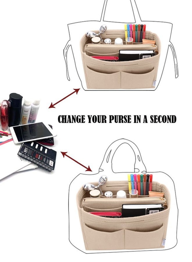 LEXSION منظم حقيبة يد مصنوعة من الفelt مع حقيبة بسحاب شكل حقيبة توت تناسب Speedy Neverfull PM MM، بيج، نحيف كبير - Image 5