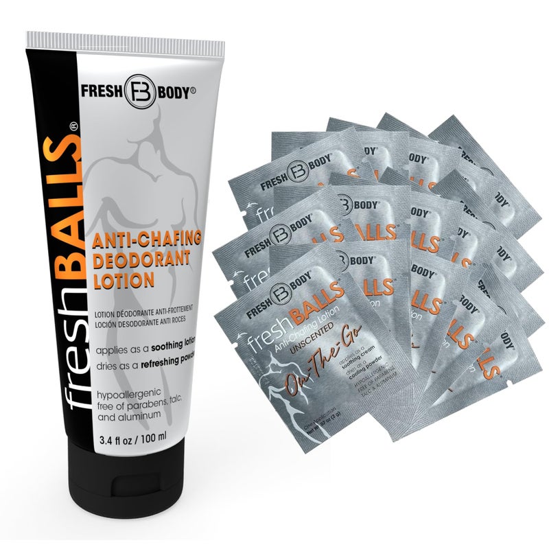 Fresh Body FB FRESH BALLS Starter Pack - Anti Chafing Lotion for Men, Chafing Cream to Powder Ball Deodorant - Aluminum-Free, Talc-Free 3.4oz Tube & 0.07oz On-The-Go Travel Size Packet (Pack of 15) - Image 1