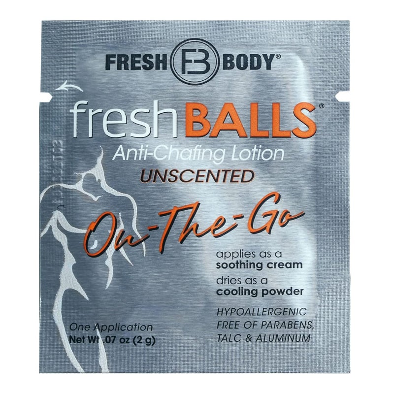 Fresh Body FB FRESH BALLS Starter Pack - Anti Chafing Lotion for Men, Chafing Cream to Powder Ball Deodorant - Aluminum-Free, Talc-Free 3.4oz Tube & 0.07oz On-The-Go Travel Size Packet (Pack of 15) - Image 5