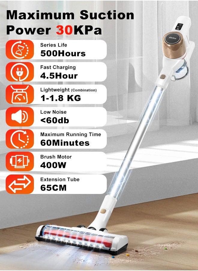 Xoopla Cordless Vacuum Cleaner – 30KPa /400W Powerful Suction Stick Vacuum with LED Touch Screen, 60 Mins Runtime, 7-Stage HEPA, Wall-Mount, Lightweight Handheld Vacuum for Home/Car/Office,Hard Floor/Carpet（With Electric Rolling Brush)  - Image 2