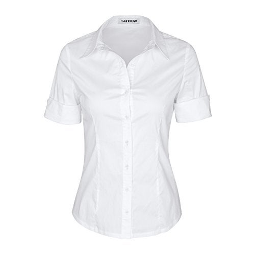 SUNNOW Womens Button Down Shirts Tailored Short Sleeve Shirt Basic Simple Stretch Wrinkle Free Formal Work Blouses White - Image 1