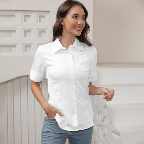 SUNNOW Womens Button Down Shirts Tailored Short Sleeve Shirt Basic Simple Stretch Wrinkle Free Formal Work Blouses White - Image 3