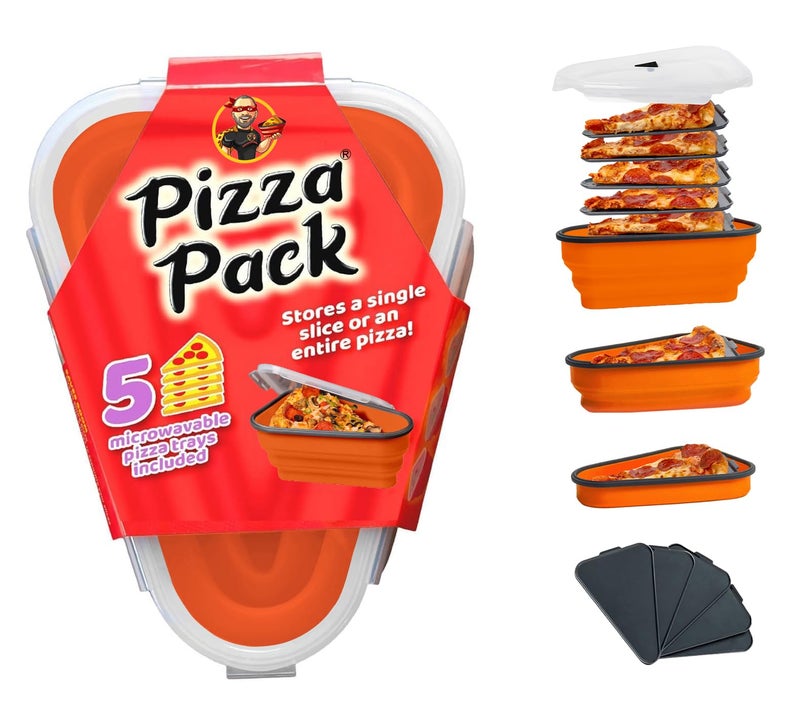 PIZZA PACK The Perfect Reusable Pizza Storage Container with 5 Microwavable Serving Trays - BPA-Free Adjustable Pizza Slice Container to Organize & Save Space, Orange - Image 1