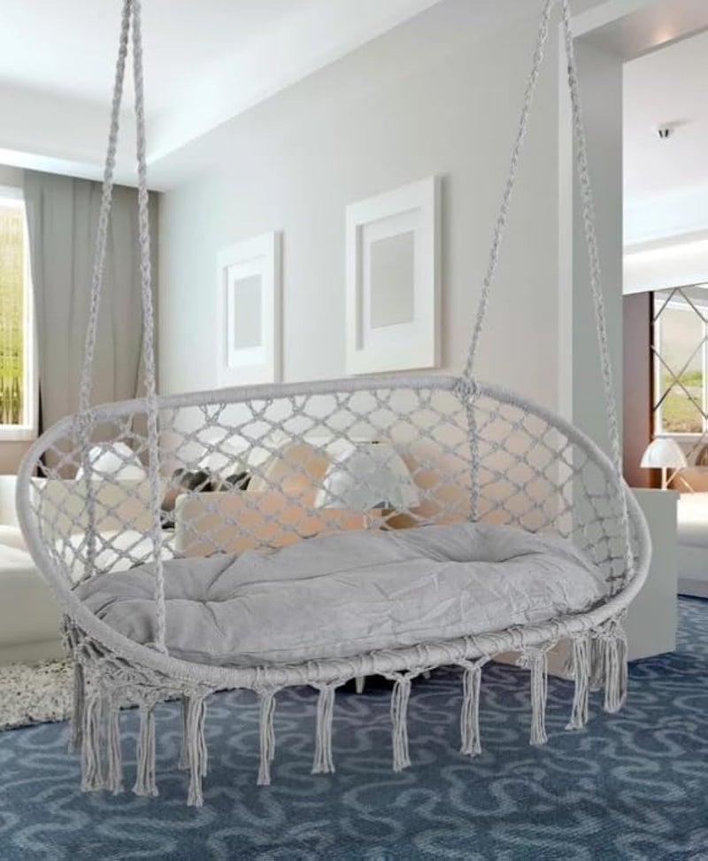 Harmony Home كرسي هارموني هوم المعلق المزدوج – كرسي معلق كبير بتصميم ماكرامي بوهيمي، سعة 700 رطل للاسترخاء الداخلي/الخارجي (130 × 60 سم) - Image 1