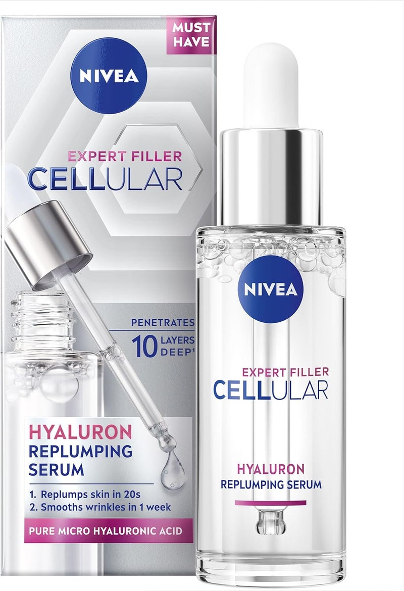 NIVEA Cellular Expert Filler Hyaluron Acid Replumping Serum 30ml AntiAgeing Face Serum For Visibly Smoother Hydrated and Supple Skin Dermatologically Approved Hyaluronic Acid Serum