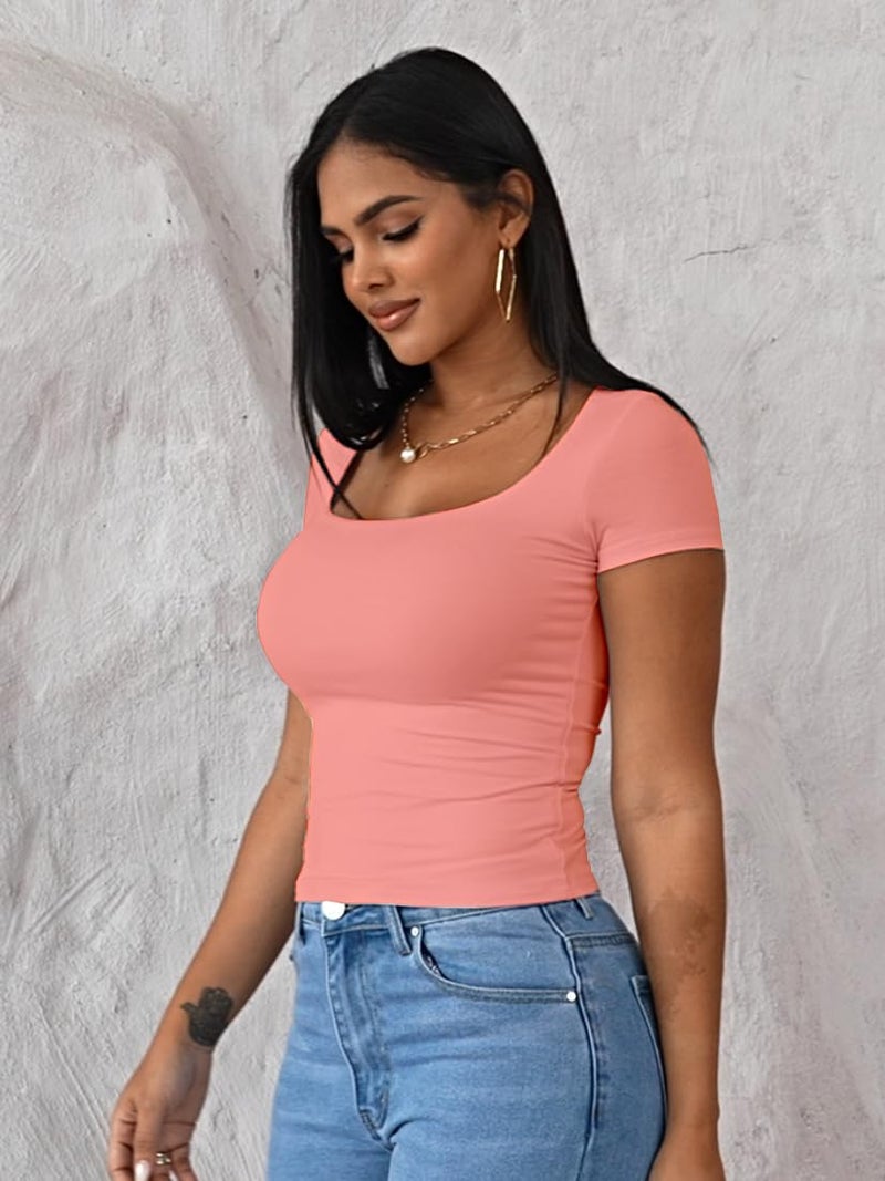 Dwnval Womens Summer Sexy Square Neck Tops Double Lined Short Sleeve Shirts Slim Fit Crop Top(Coral Pink, S) - Image 3