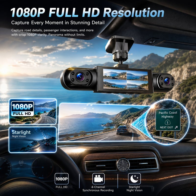 A 360 Panoramic 4 Channel Full HD Dashcam With 32G SD Card Y109 Rear Cam 5 43 Inch Ultra Wide Display Quad View Split Screen HD Night Vision G Sensor Loop Recording 24H Parking Monitor Travel Accessory - Image 3