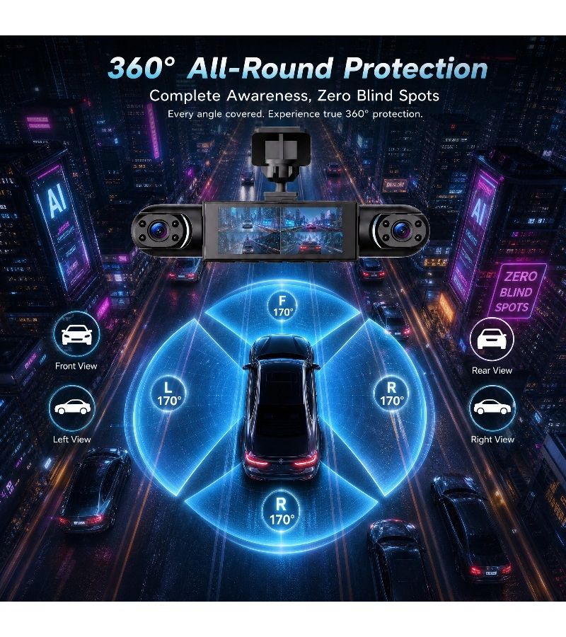 A 360 Panoramic 4 Channel Full HD Dashcam With 32G SD Card Y109 Rear Cam 5 43 Inch Ultra Wide Display Quad View Split Screen HD Night Vision G Sensor Loop Recording 24H Parking Monitor Travel Accessory - Image 1
