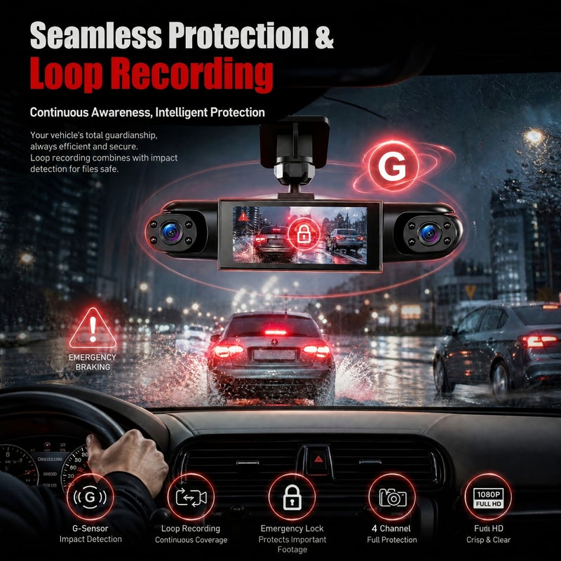 A 360 Panoramic 4 Channel Full HD Dashcam With 32G SD Card Y109 Rear Cam 5 43 Inch Ultra Wide Display Quad View Split Screen HD Night Vision G Sensor Loop Recording 24H Parking Monitor Travel Accessory - Image 4