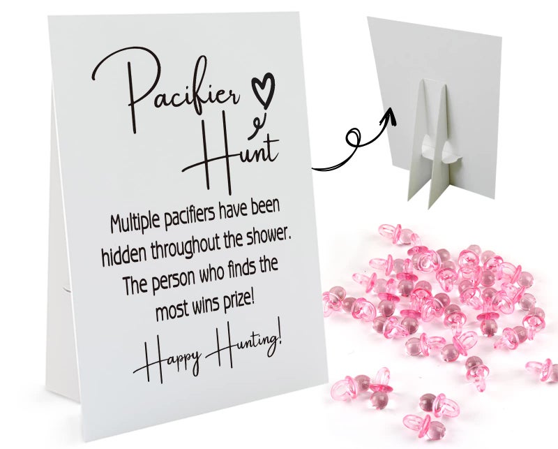 Baby Pacifier Hunt Baby Shower Games Gender Reveal Game 810 Sign and 50 Mini Acrylic Pacifier Favorite Adults Kids Games for Baby Shower Activities Gender Neutral Boy and Girl BPH02