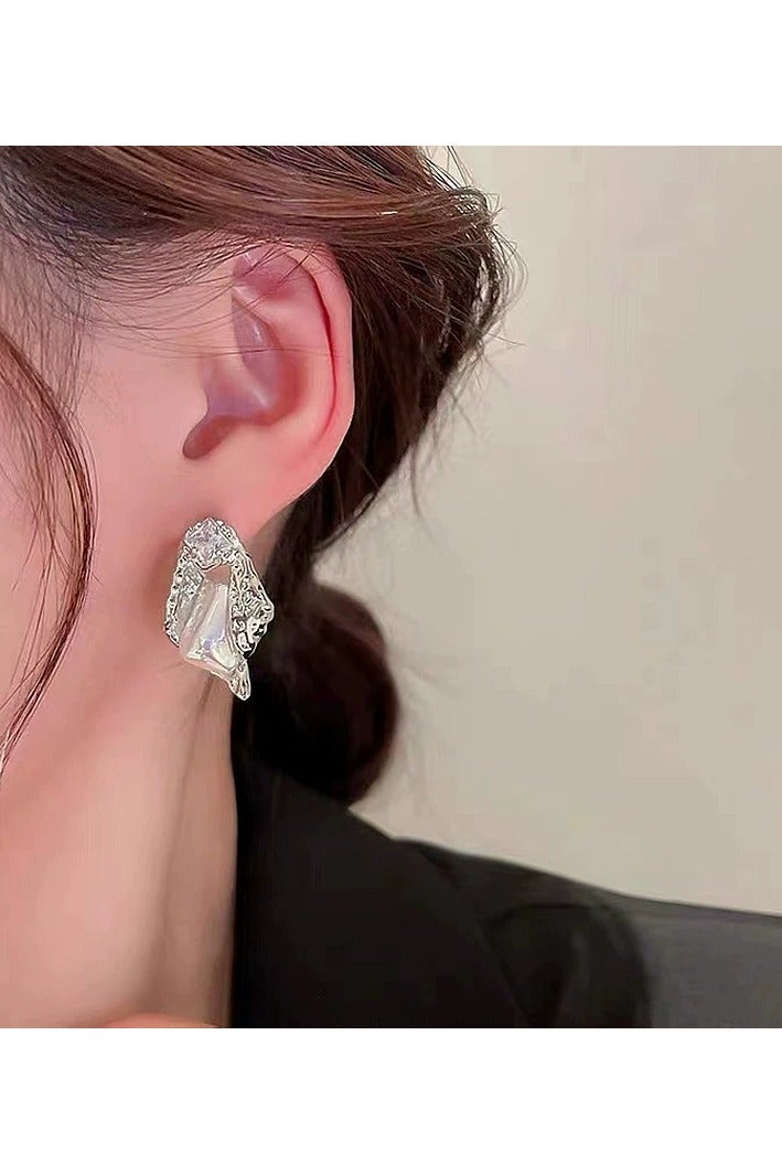 Goolsky أقراط دراسات من فضة استرلينية 925 مع زيركون مطوي غير منتظم و لؤلؤة حورية البحر - تصميم فاخر كوري و ياباني، بيان عصري - Image 5