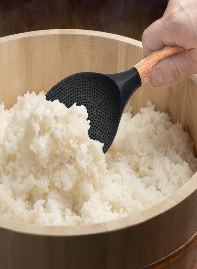 GZLT 2 Pcs Silicone Cooking Spoons for Nonstick Cookware - Wooden Handle Rice Scooper & Serving Spoon, BPA-Free Matte Silicone - Great for Mixing, Scraping, and Stirring - Image 4