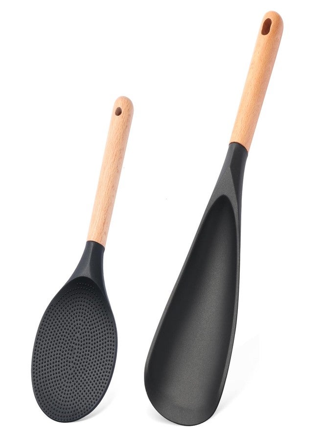 GZLT 2 Pcs Silicone Cooking Spoons for Nonstick Cookware - Wooden Handle Rice Scooper & Serving Spoon, BPA-Free Matte Silicone - Great for Mixing, Scraping, and Stirring - Image 1
