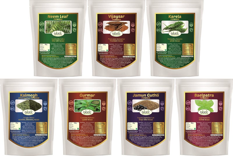 Biotic Natural Neem Leaf, Vijaysar, Belpatra, Gudmar, Kalmegh, Karela and Jamun Seeds Powder - 350gm (50gm each) - Image 1