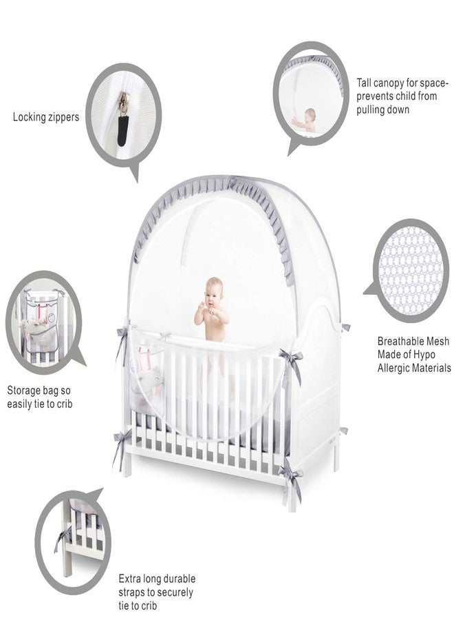 ZXPLO Baby Safety Crib Tent Infant Pop up Mosquito Net Nursery Bed Canopy Netting Cover - Keep Baby from Climbing Out with Hanging Diaper Storage Bag (Gray) - Image 2