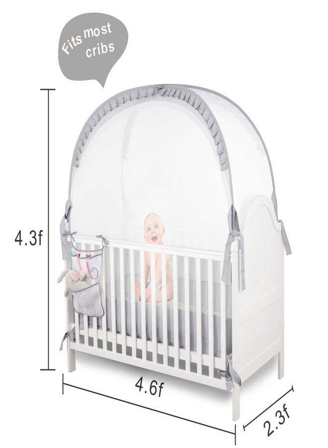 ZXPLO Baby Safety Crib Tent Infant Pop up Mosquito Net Nursery Bed Canopy Netting Cover - Keep Baby from Climbing Out with Hanging Diaper Storage Bag (Gray) - Image 5
