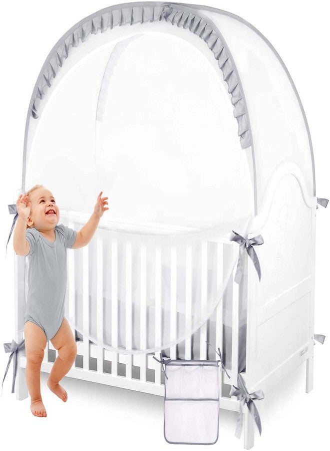 ZXPLO Baby Safety Crib Tent Infant Pop up Mosquito Net Nursery Bed Canopy Netting Cover - Keep Baby from Climbing Out with Hanging Diaper Storage Bag (Gray) - Image 1
