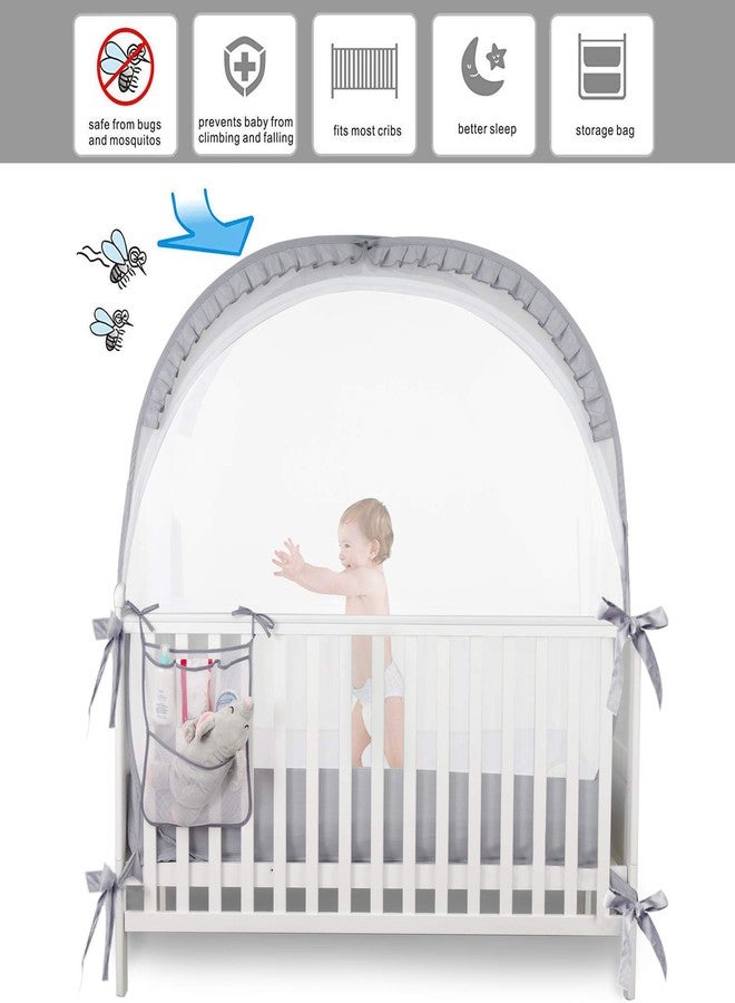 ZXPLO Baby Safety Crib Tent Infant Pop up Mosquito Net Nursery Bed Canopy Netting Cover - Keep Baby from Climbing Out with Hanging Diaper Storage Bag (Gray) - Image 4
