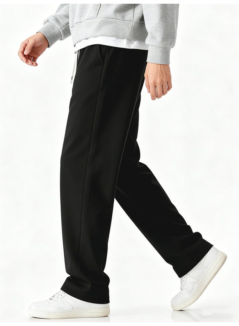 بنطلون رجالي أسود واسع الساقين، فضفاض، برباط، بقصة مستقيمة، مناسب للإطلالات الكاجوال - Image 2