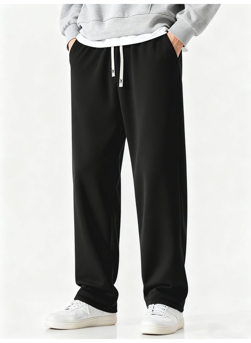 بنطلون رجالي أسود واسع الساقين، فضفاض، برباط، بقصة مستقيمة، مناسب للإطلالات الكاجوال - Image 1