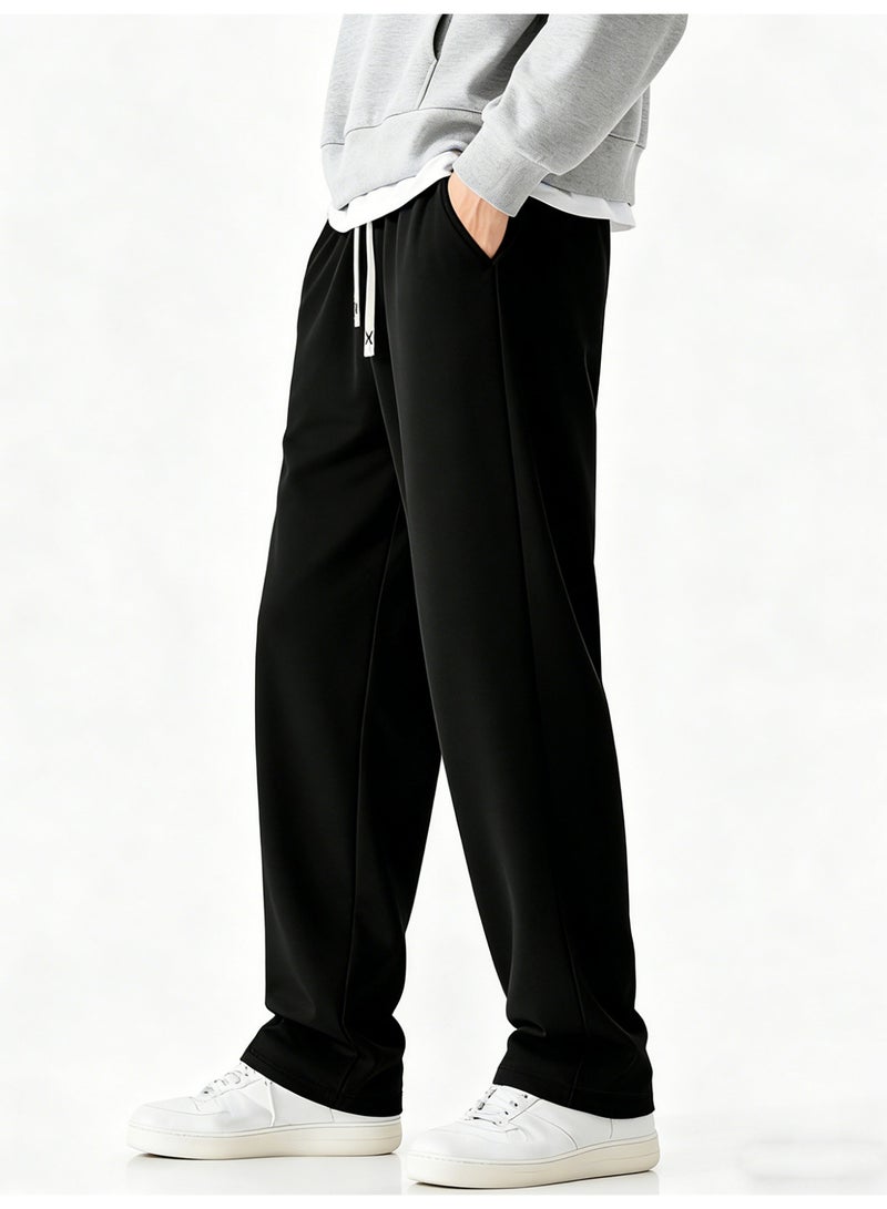 بنطلون رجالي أسود واسع الساقين، فضفاض، برباط، بقصة مستقيمة، مناسب للإطلالات الكاجوال - Image 3