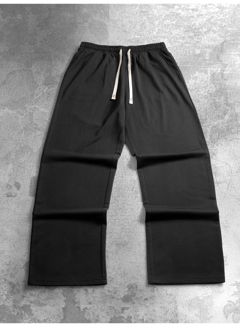 بنطلون رجالي أسود واسع الساقين، فضفاض، برباط، بقصة مستقيمة، مناسب للإطلالات الكاجوال - Image 5