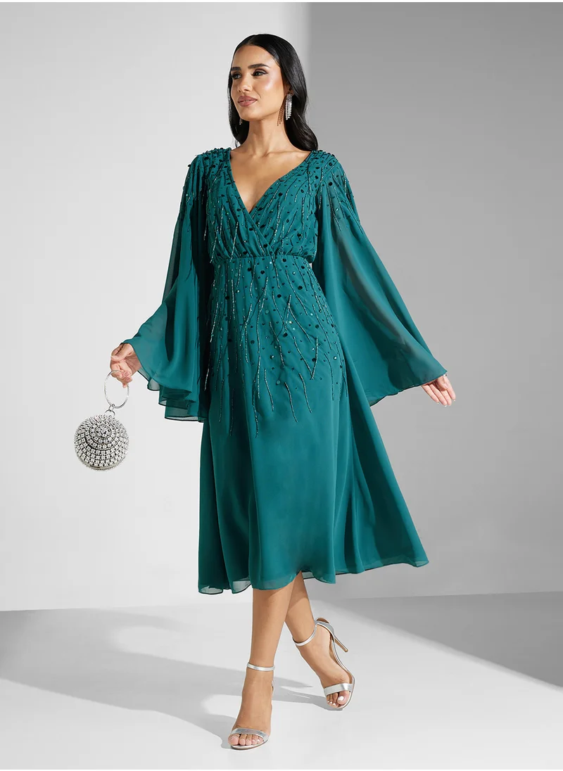 Amelia Rose Embellished V-Neck Mesh Detailed Dress