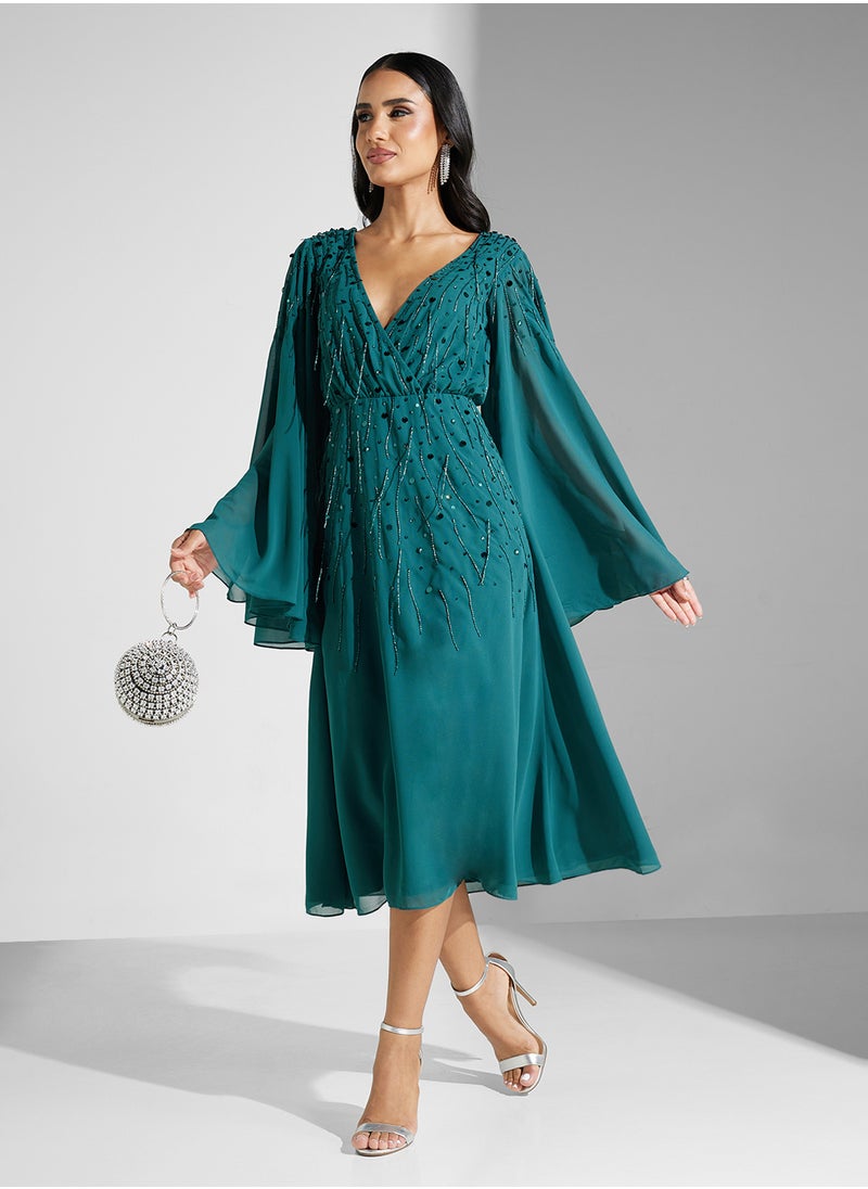 Amelia Rose Embellished V-Neck Mesh Detailed Dress  - Image 1
