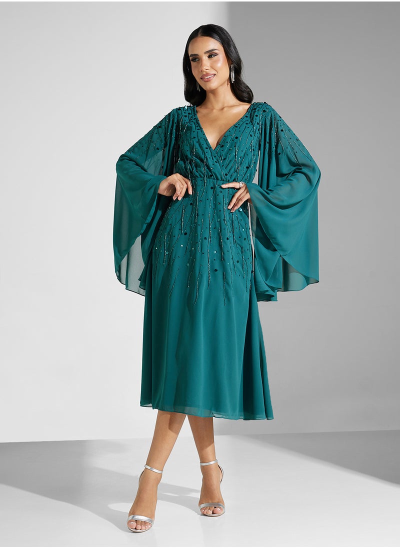 Amelia Rose Embellished V-Neck Mesh Detailed Dress  - Image 4