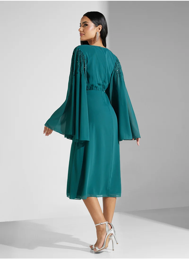 Amelia Rose Embellished V-Neck Mesh Detailed Dress
