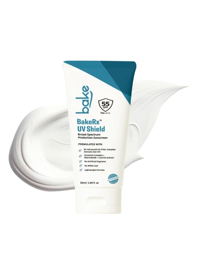 BAKE 6% Advanced UV Filter Broad Spectrum Sunscreen SPF 55 PA++++ with Suncare Zen KT | No Whitecast, Lightweight, Fragrance Free | With Ceramide Complex, Niacinamide, Licorice Extract – 50 ml - Image 1