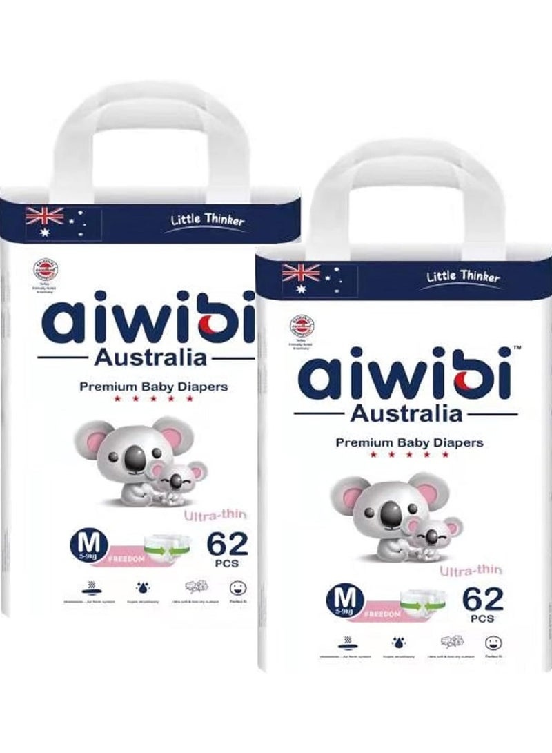 أيويبي حفاضات أطفال Aiwibi Premium خالية من الكلور بنسبة 100% وصديقة للبيئة، حفاضات رقيقة للغاية، عبوة من قطعتين، مقاس M، من 6 إلى 11 كجم، 62+62 قطعة