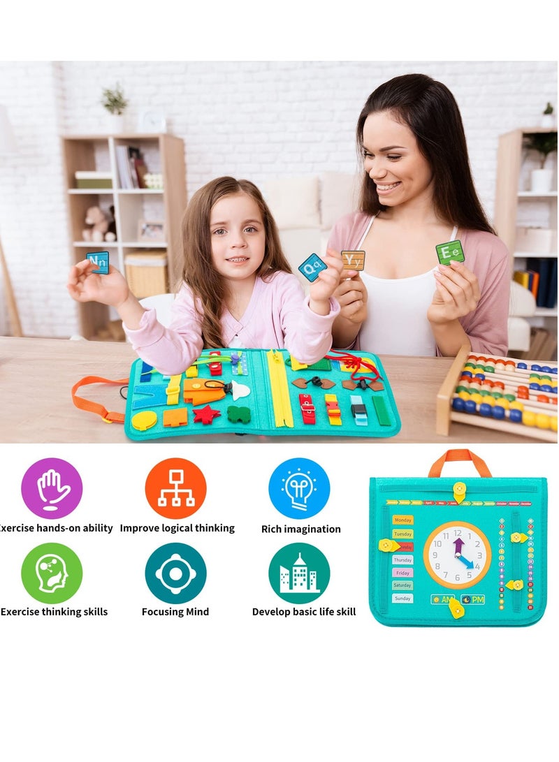 KASTWAVE Busy Board, 27 in 1 DIY Portable Felt Dressing Button Learning Board Early Educational Sensory Brain Toys for 1 2 3 4 Years Old Boys Girls Preschoolers(Green) - Image 2