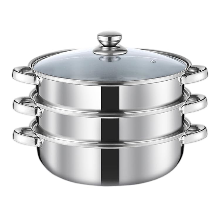 Puluru Steamer Pot for Cooking 11 inch Steamer Pots 3tier Multipurpose Stainless Steel Steam Pot Cookware with Handle for Vegetable - Image 1