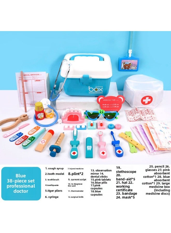 Wooden Set Children's Play House Simulation Medical Kit Role Play Girl Nurse Injection Boy Stethoscope-Color:Blue 38 Pieces Occupational Doctor LC - Image 1