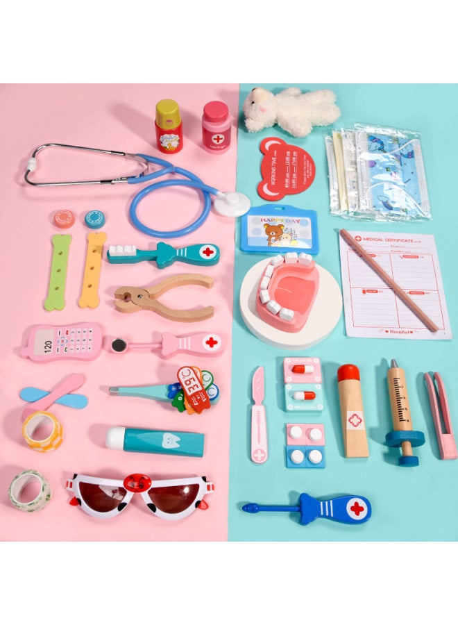 Wooden Set Children's Play House Simulation Medical Kit Role Play Girl Nurse Injection Boy Stethoscope-Color:Blue 38 Pieces Occupational Doctor LC - Image 3