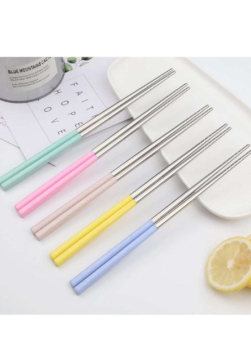 عيدان طعام مزدوجة ستانلس ستيل قابلة لاعادة الاستخدام خفيفة الوزن ومقاومة للانزلاق امنة للغسيل في غسالة الاطباق، ادوات مائدة  (5 قطع من عيدان مزدوجة بالوان متعددة) - Image 1