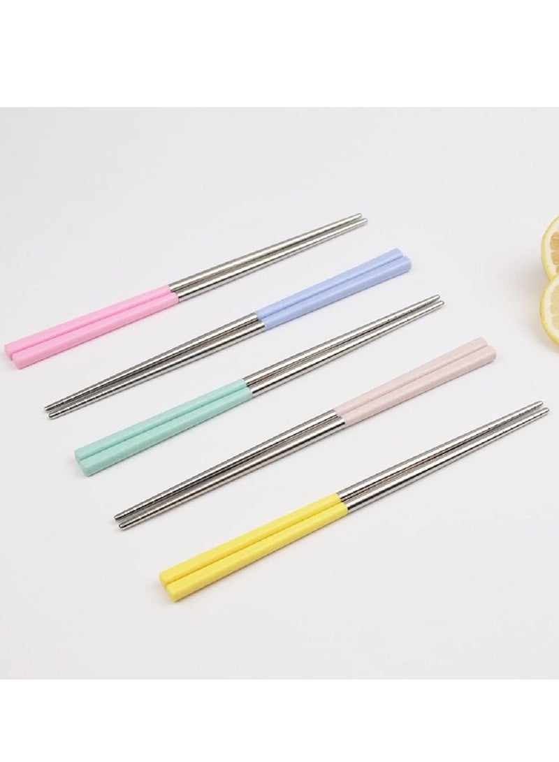 عيدان طعام مزدوجة ستانلس ستيل قابلة لاعادة الاستخدام خفيفة الوزن ومقاومة للانزلاق امنة للغسيل في غسالة الاطباق، ادوات مائدة  (5 قطع من عيدان مزدوجة بالوان متعددة) - Image 4