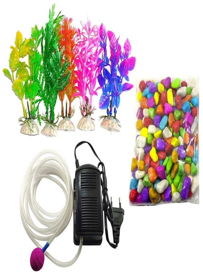 One Top Aquarium Decoration Combo kit for Fish Tank Bowl Decor (Multi Color Stones 1 kg) Multi Pack Air Pump,air tubing, Air Stone,Plant 5 nos - Image 1