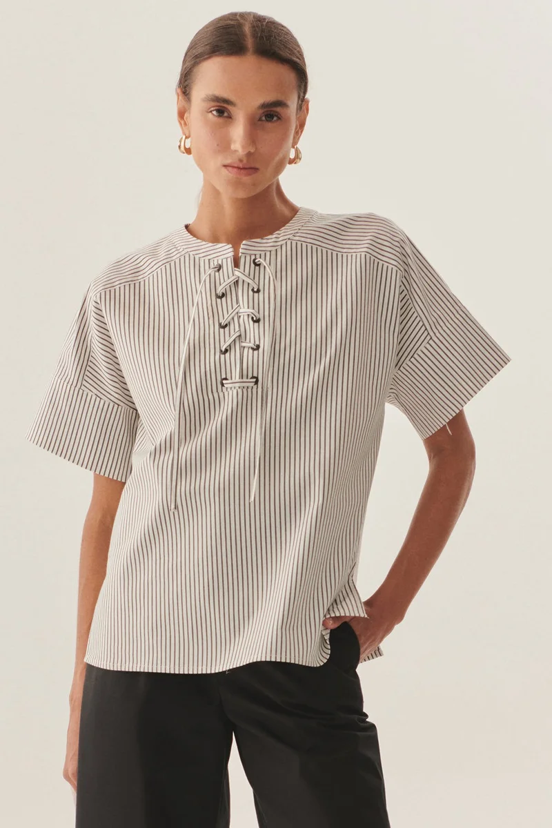EXQUISE Relaxed Fit Striped Blouse with Eyelet Lace Detail
