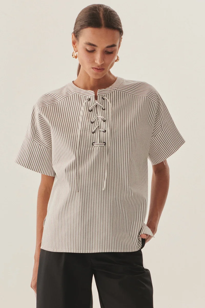 EXQUISE Relaxed Fit Striped Blouse with Eyelet Lace Detail