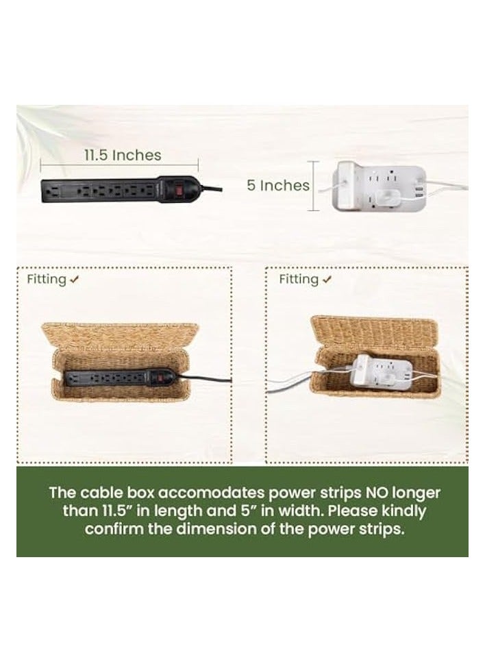 erorex Rattan Cable Management Box with Lid, 13" x 5.1" x 5.1", Natural, 2 Open Slots for Power Strip and Cords  - Image 2