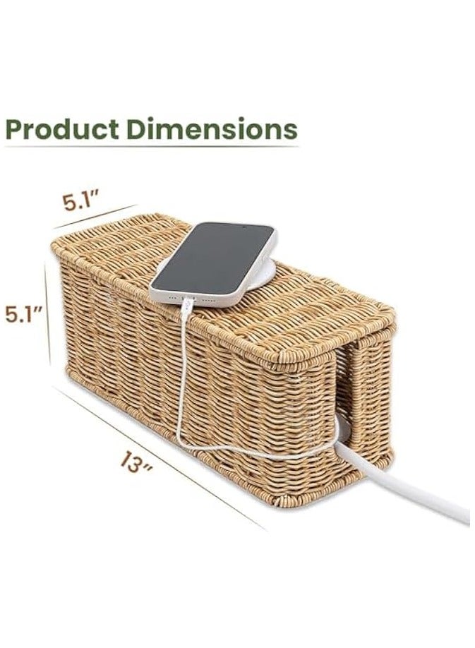 erorex Rattan Cable Management Box with Lid, 13" x 5.1" x 5.1", Natural, 2 Open Slots for Power Strip and Cords  - Image 3