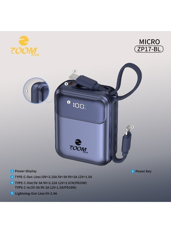 ZOOM PLUS MICRO ZP17 Power Bank 10000mAh | 22.5W PD Fast Charging | Built-in Dual Cables | Digital Display | Ultra-Compact Portable Power Bank - Image 2