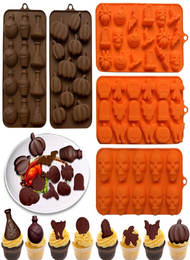 Acxydm 5PCS Halloween Themed Silicone Molds,Acxydm 70 Cavity 3D Skeleton Pumpkin Ghost Bat Tomb Spider Shape Halloween Chocolate Mold,Halloween Silicone Molds Baking Mold for Candy Gummy Jello Biscuits Cake - Image 1