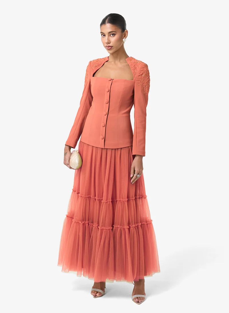 ثريدز باي اجوني فستان ماكسي طويل بأكمام طويلة بتفاصيل شبكية وكورسيه