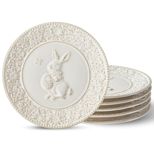Metahom Easter Salad Plates, 8 Inch Ceramic Bunny Plate Set, Floral Dessert Dishes, Small Dinner Plates, Dishwasher & Microwave Safe, Set of 6, Cream White - Image 1