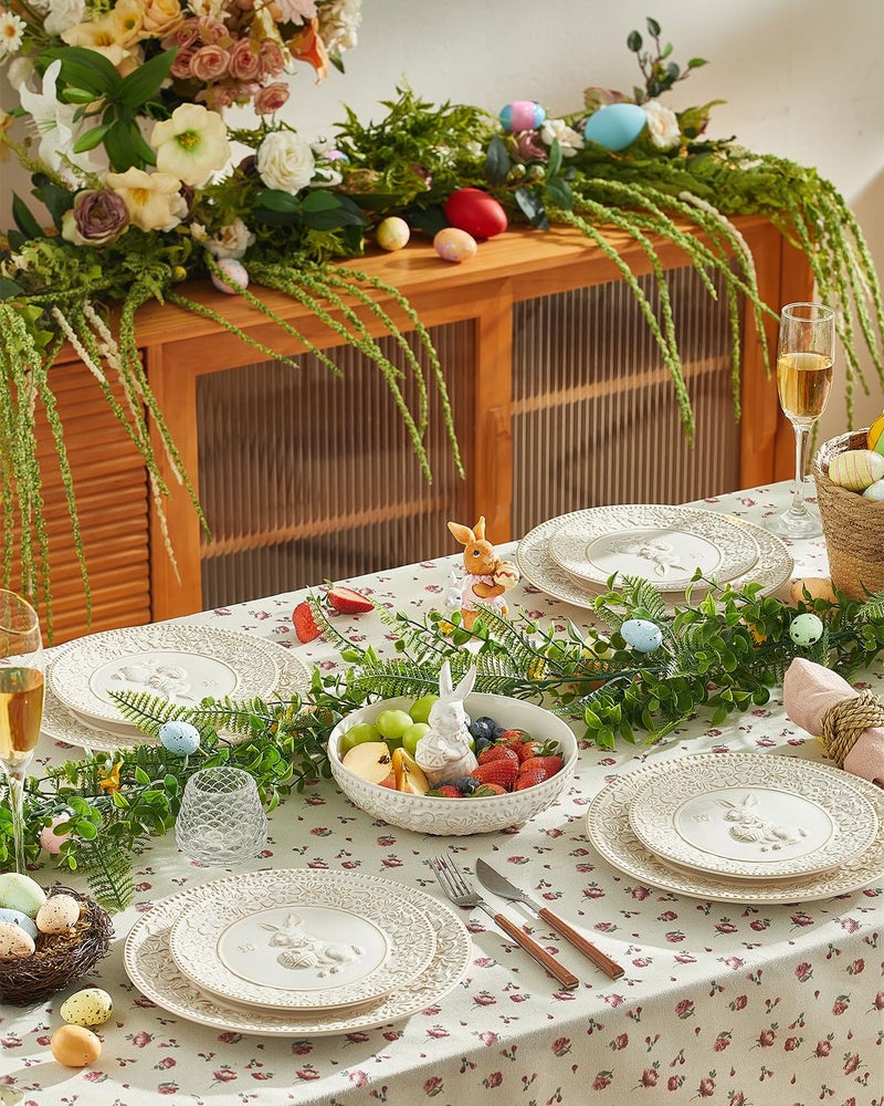 Metahom Easter Salad Plates, 8 Inch Ceramic Bunny Plate Set, Floral Dessert Dishes, Small Dinner Plates, Dishwasher & Microwave Safe, Set of 6, Cream White - Image 5