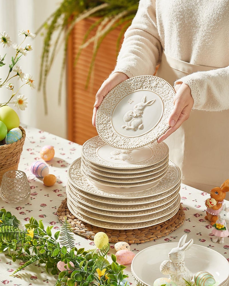 Metahom Easter Salad Plates, 8 Inch Ceramic Bunny Plate Set, Floral Dessert Dishes, Small Dinner Plates, Dishwasher & Microwave Safe, Set of 6, Cream White - Image 4